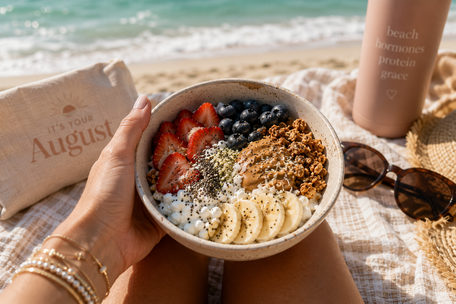 Iced matcha and an oat and fruit breakfast bowl in morning light