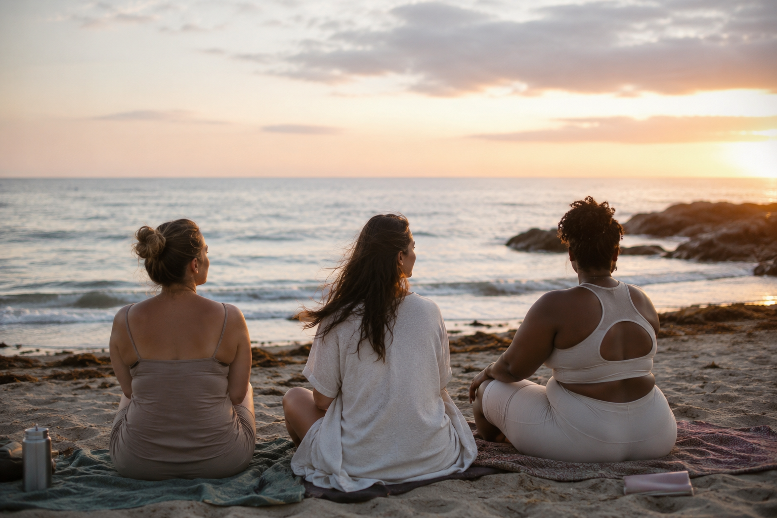 Three friends sitting together on the beach at sunset