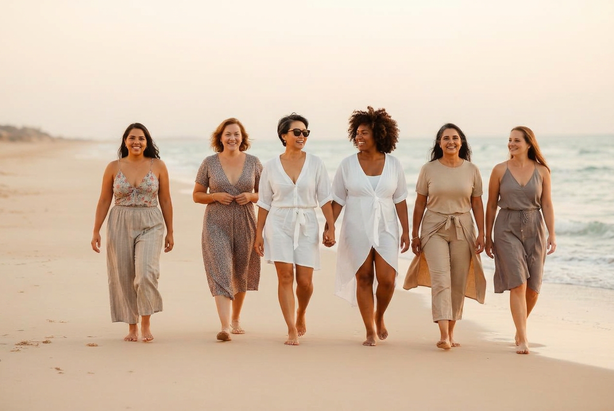 A diverse group of women walking together on the beach at sunset