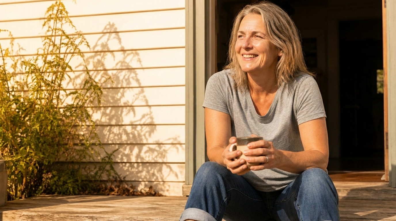 A woman relaxing on a sunlit deck with a warm mug