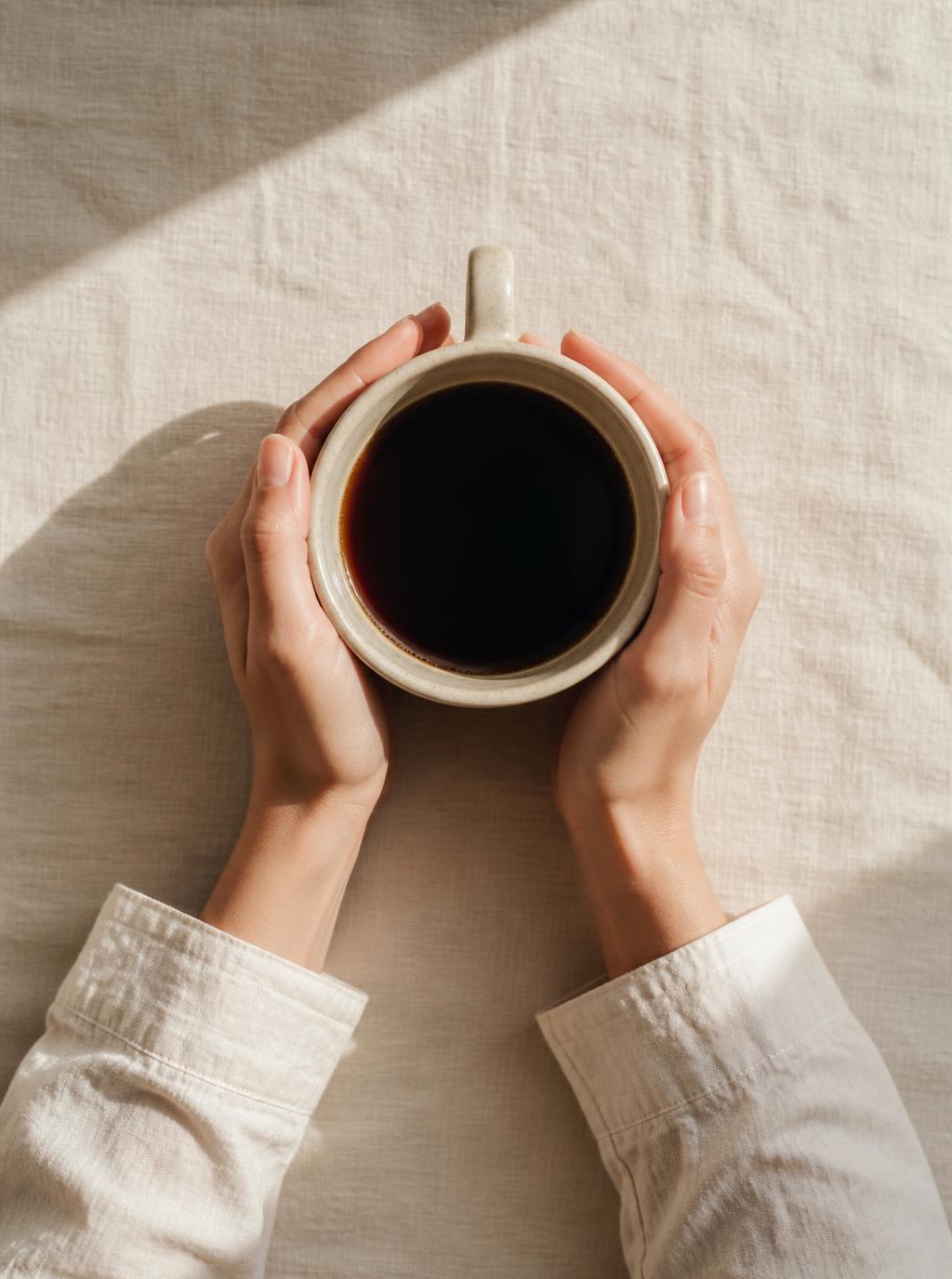 Hands cradling a warm cup of coffee in morning light