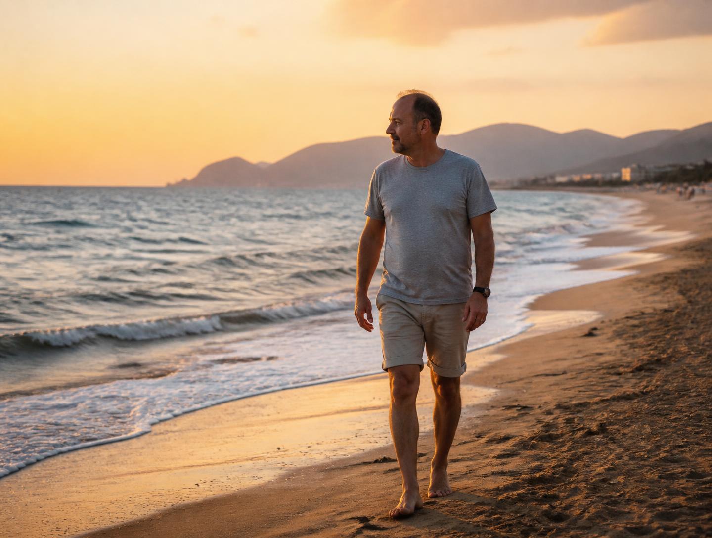 A man walking along the shoreline at golden hour