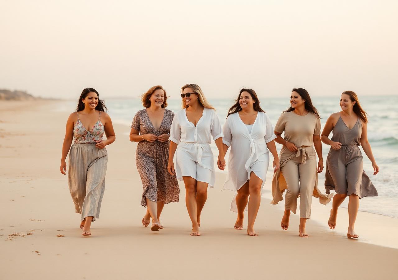 Friends walking together along the shoreline