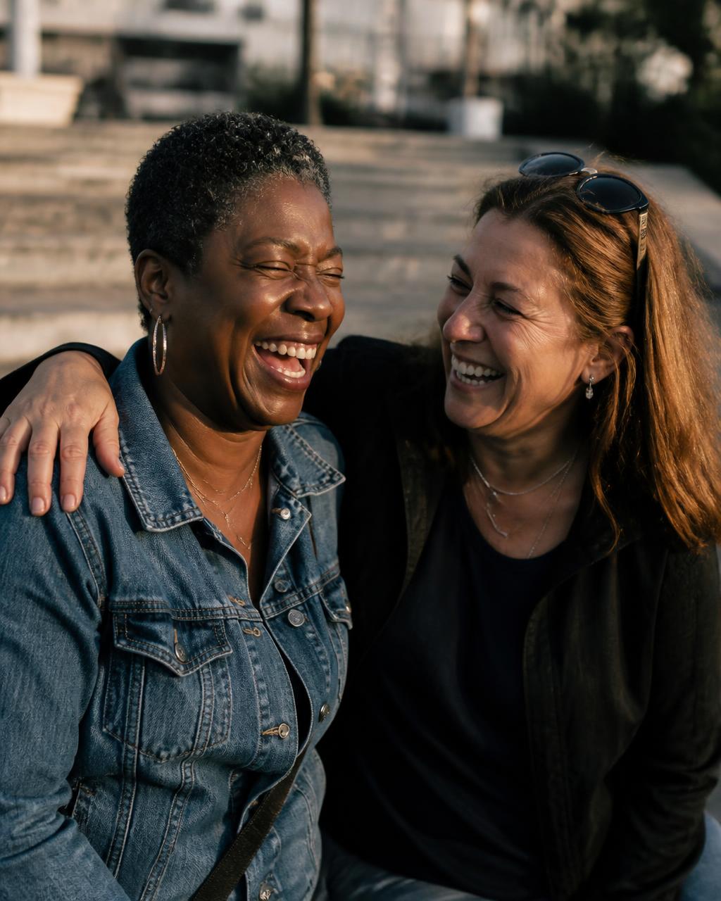 Two women laughing together outdoors in warm sunlight
