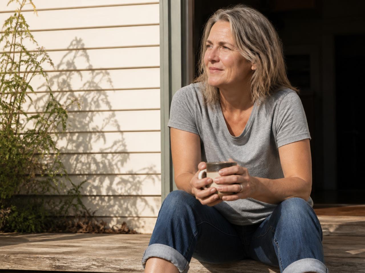 A woman resting on a sunlit porch with a warm mug